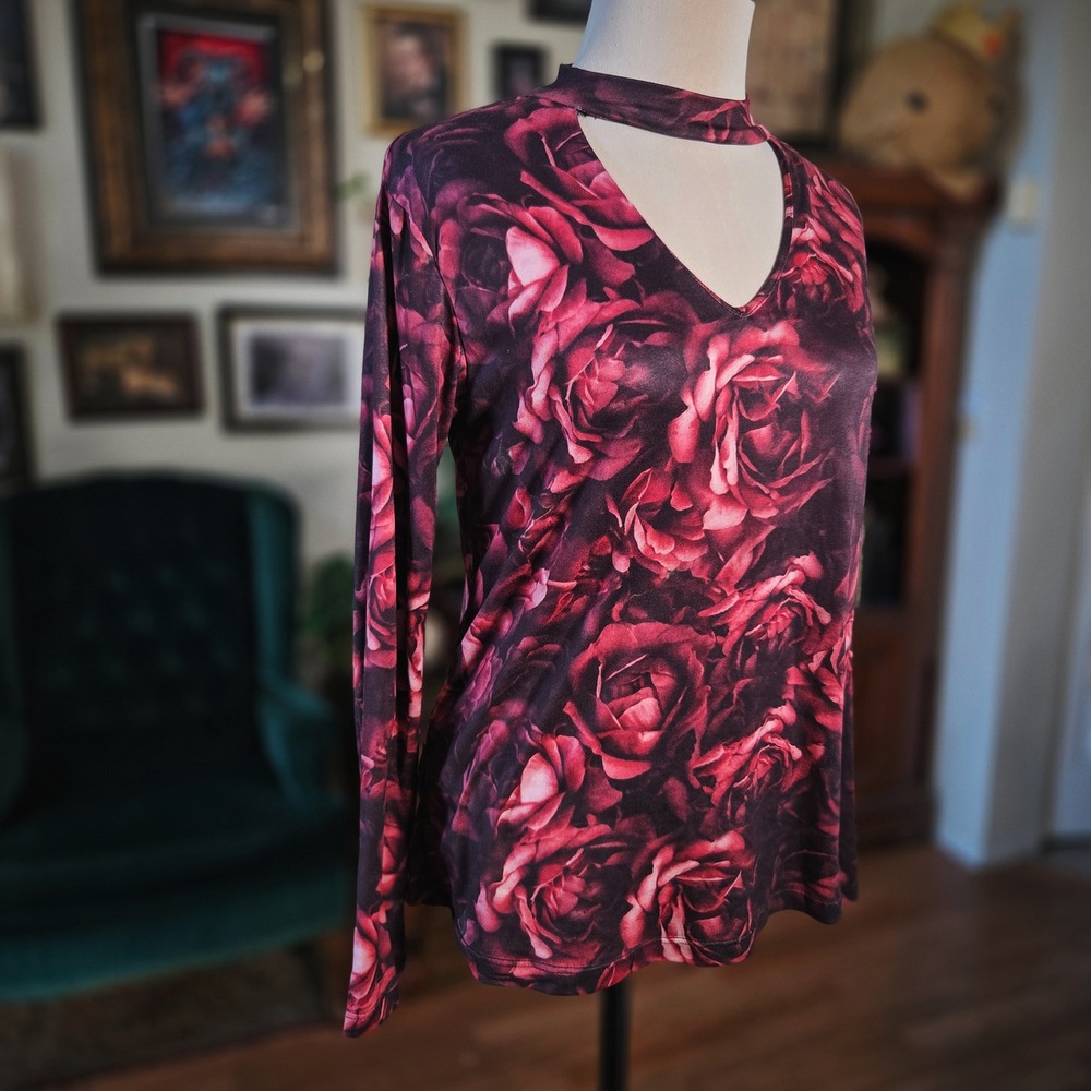 Contempo Rose Print Cutout Neck Top Floral Long Sleeve Stretch Blouse M